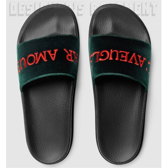 GUCCI green Velvet 39 -9 US Blind for Love L'AVEUGLE PAR AMOUR flip-flop sandals - Picture 1 of 8